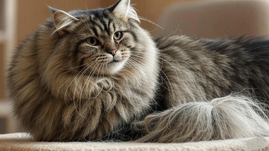 Maine Coon cat’s fur being gently detangled with a wide-toothed comb, focusing on mat removal in a warm indoor setting.
