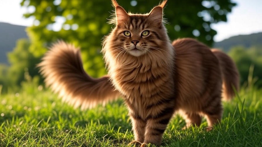 Majestic Maine Coon Bengal Mix cat with tabby coat in a natural outdoor setting.