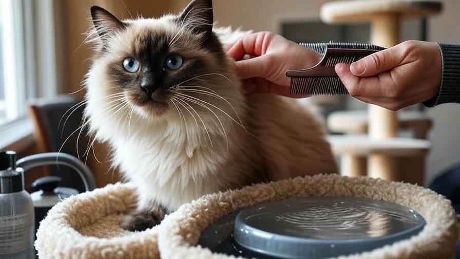Siamese Maine Coon mix cat being brushed with grooming tools.