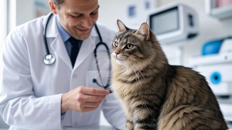 Veterinarian checking a short hair Maine Coon with a stethoscope in a clinic.