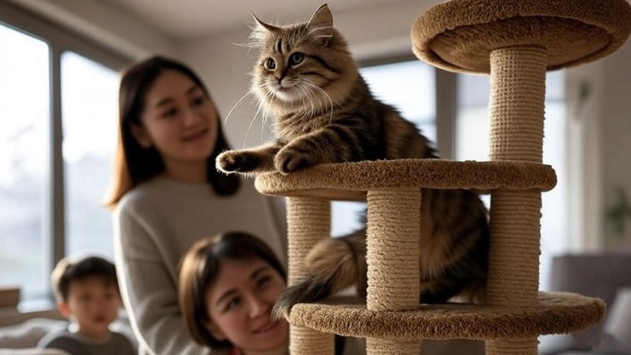 Siberian cat climbing cat tree with family member in modern home.