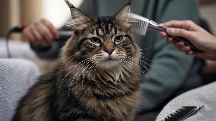 Short hair Maine Coon being brushed with a slicker brush, showcasing grooming care.