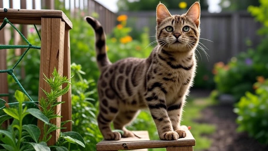 Maine Coon Bengal Mix cat exploring a secure outdoor garden.