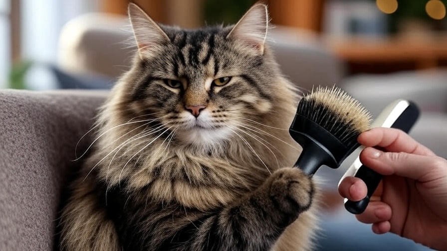 Maine Coon cat with tabby coat being brushed with a slicker brush, showcasing a shiny, healthy fur in a cozy setting.
