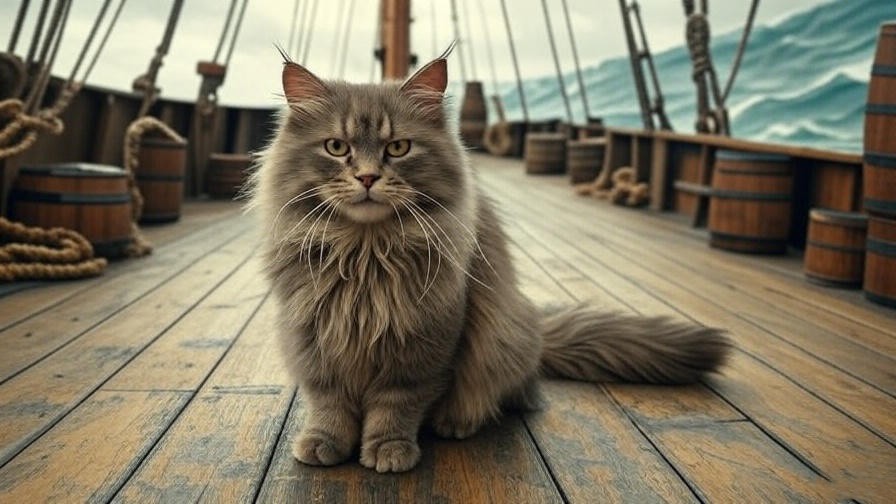 Historical illustration of a polydactyl Maine Coon on a ship deck.