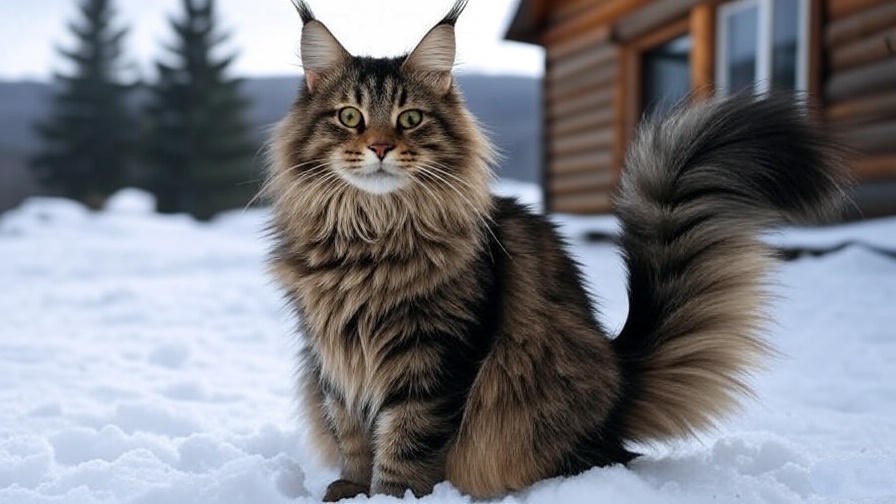 Majestic Maine Coon cat with bushy tail and tufted ears in snowy New England landscape.