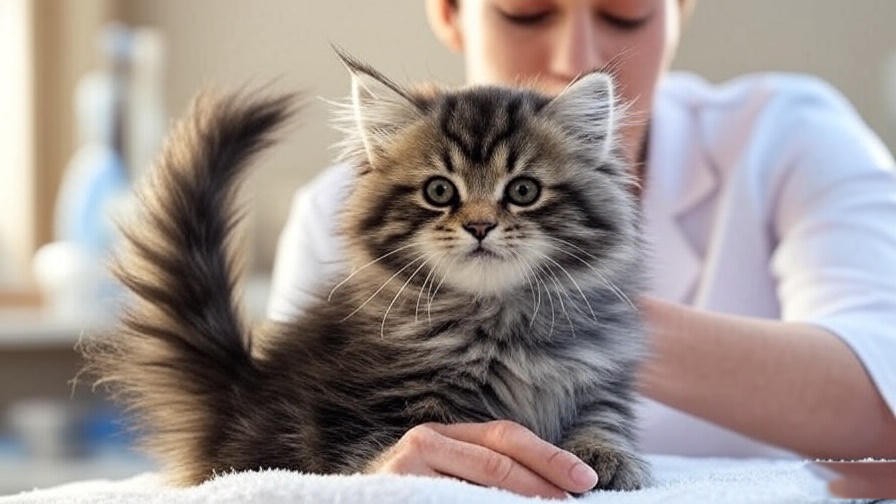 Veterinarian examining a healthy Maine Coon kitten in a clinic, focusing on kitten health.
