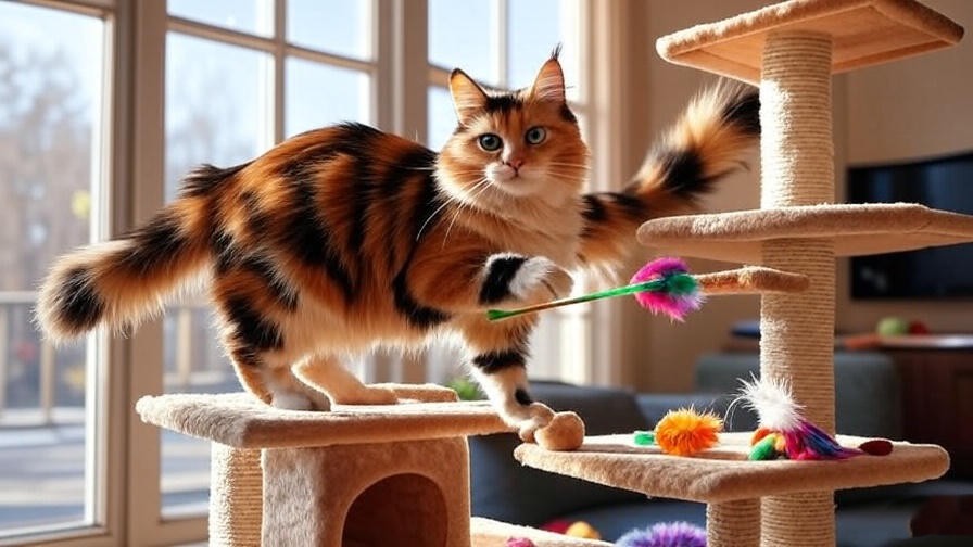 Tortoiseshell Maine Coon playing with a feather wand toy on a cat tree.