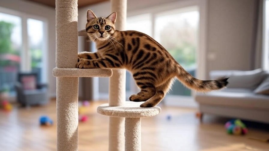 Muscular Maine Coon Bengal Mix cat climbing a cat tree in a living room.