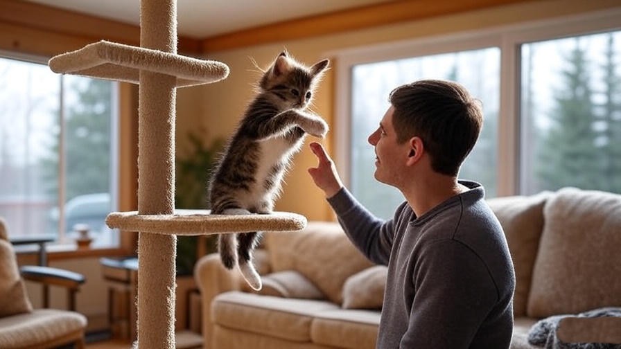 Maine Coon kitten climbing cat tree with family in a cozy Minnesota living room.