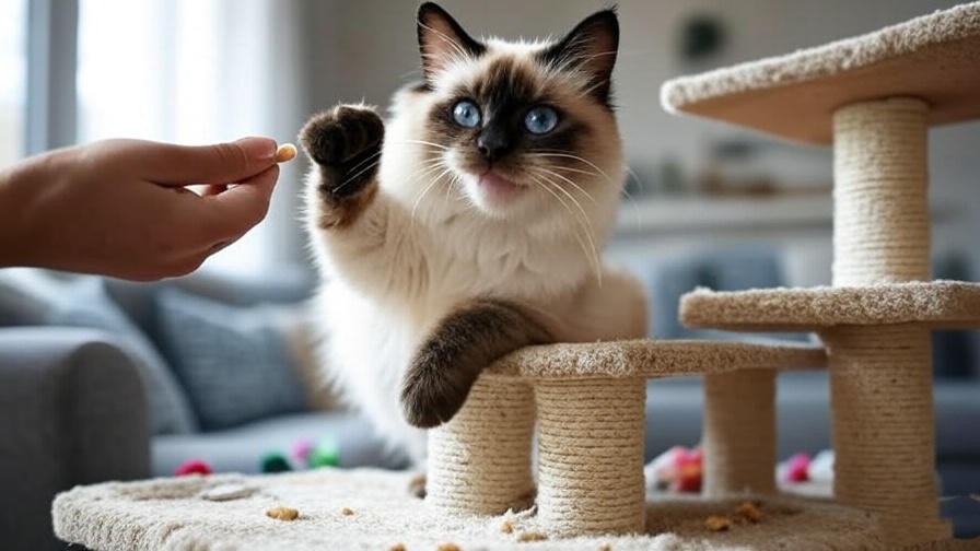 Playful Siamese Maine Coon mix cat climbing cat tree with human interaction.