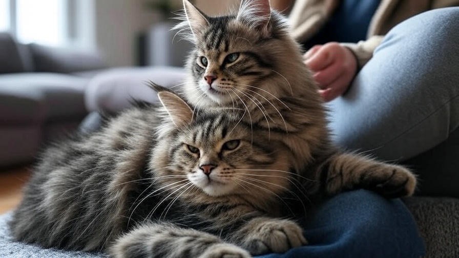 Maine Coon kitten being brushed with slicker brush by owner for grooming