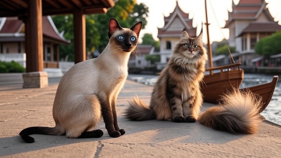 Siamese and Maine Coon cats in ancient Thailand temple and coastal village setting.