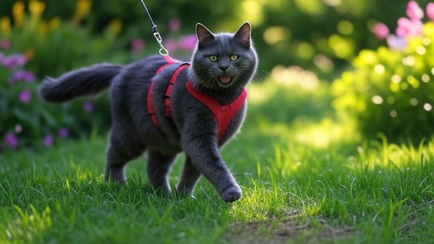 Short hair Maine Coon walking on a leash in a garden with a harness.