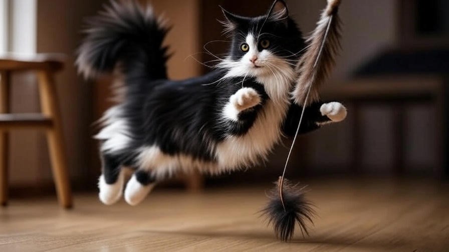 Maine Coon Black and White cat playing with feather wand toy.