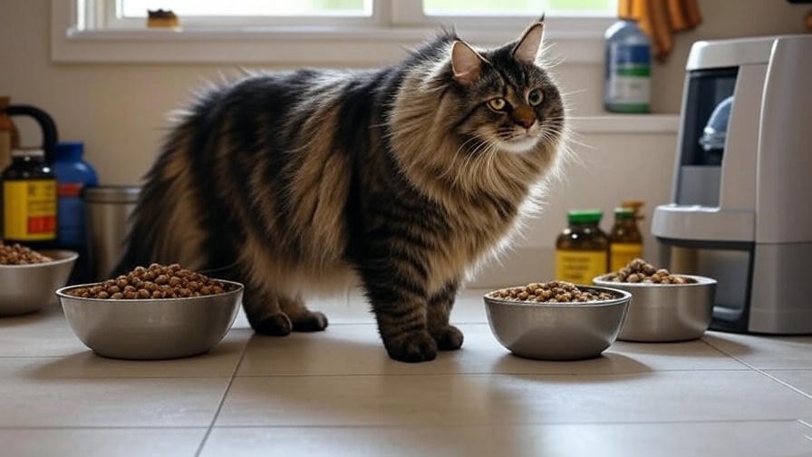 Majestic Maine Coon cat with bowls of high-quality cat food and supplements.