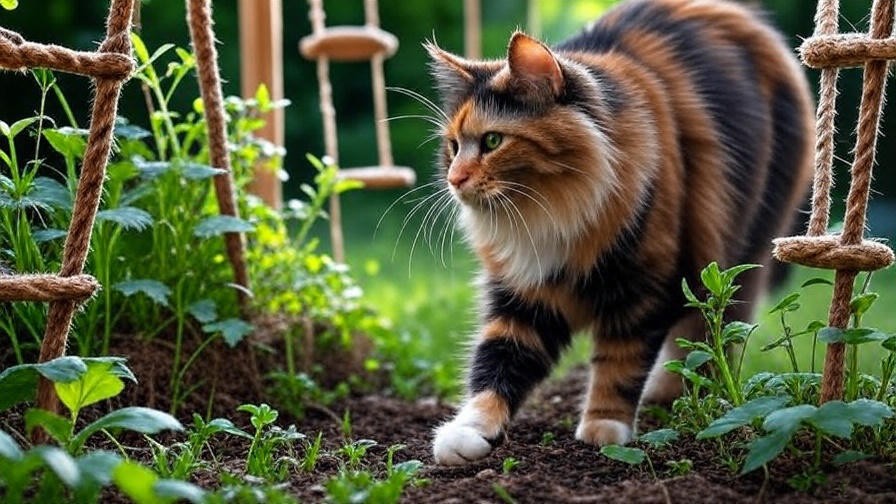 Tortoiseshell Maine Coon exploring a secure outdoor catio with climbing structures.