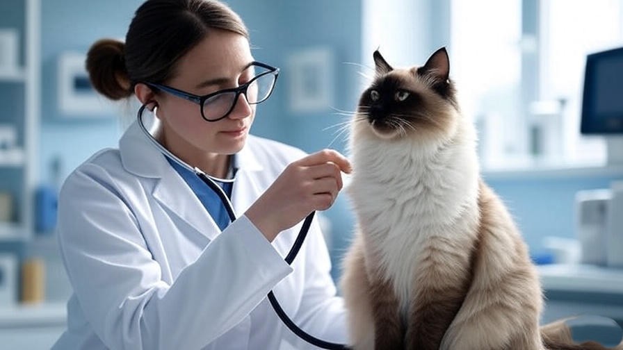 Vet examining Maine Coon and Siamese mix cat with stethoscope in clinic.
